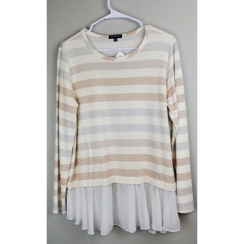 NWT Cha Cha Vente Medium Long Sleeve Layered-Look Top Metallic Stripes